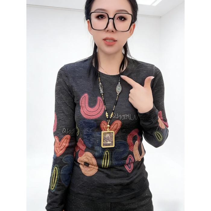 

Autumn/Winter High Neck Printed Long Sleeve Shirt - Tummy-Flattering, Age-Defying, Plus Size Mother’s Wear. 4XL