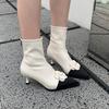 2025 autumn and winter new European station French small flower high-heeled short boots women's pointed thin heel elastic thin boots