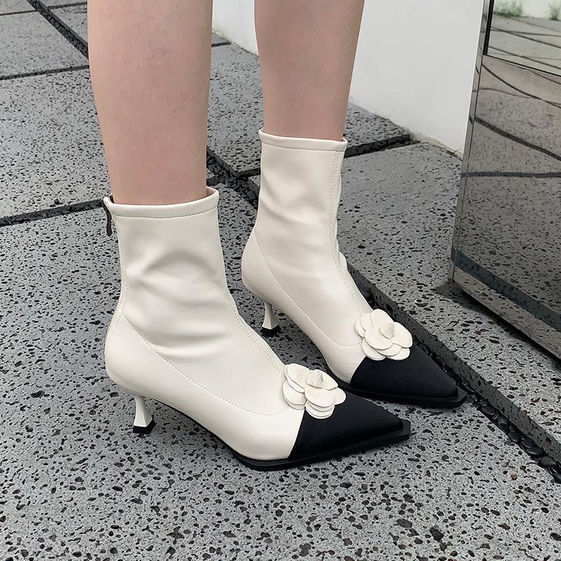 2025 autumn and winter new European station French small flower high-heeled short boots women's pointed thin heel elastic thin boots