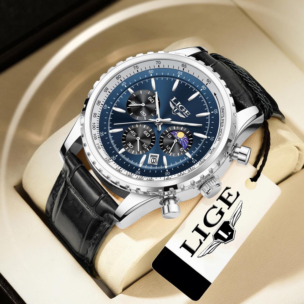 LIGE Luxury Men's Quartz Watch Casual Leather Chronograph Waterproof Sport Business Date Display Men's Wristwatch Clock