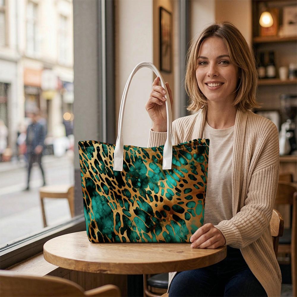 Teal Golden Leopard Pattern Tote Bag Fashion Ladies Daily Shoulder Handbag Casual Top Handle Bag