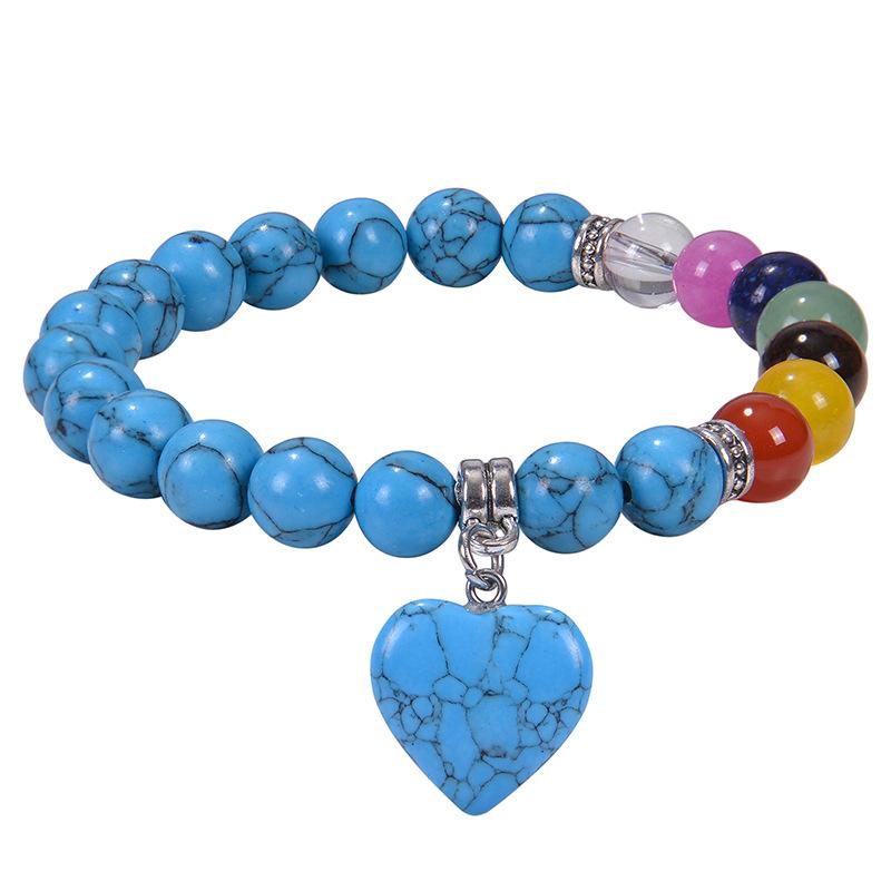Bohemian Turquoise Rainbow Stone Bracelet with Natural Stone Heart Pendant, Beaded Elastic Cord Bracelet for Women