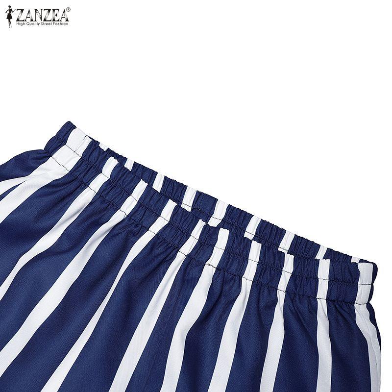 ZANZEA Women Short Sleeve Blouse and Pants Casual Stripe Print Two Piece Suit Sets