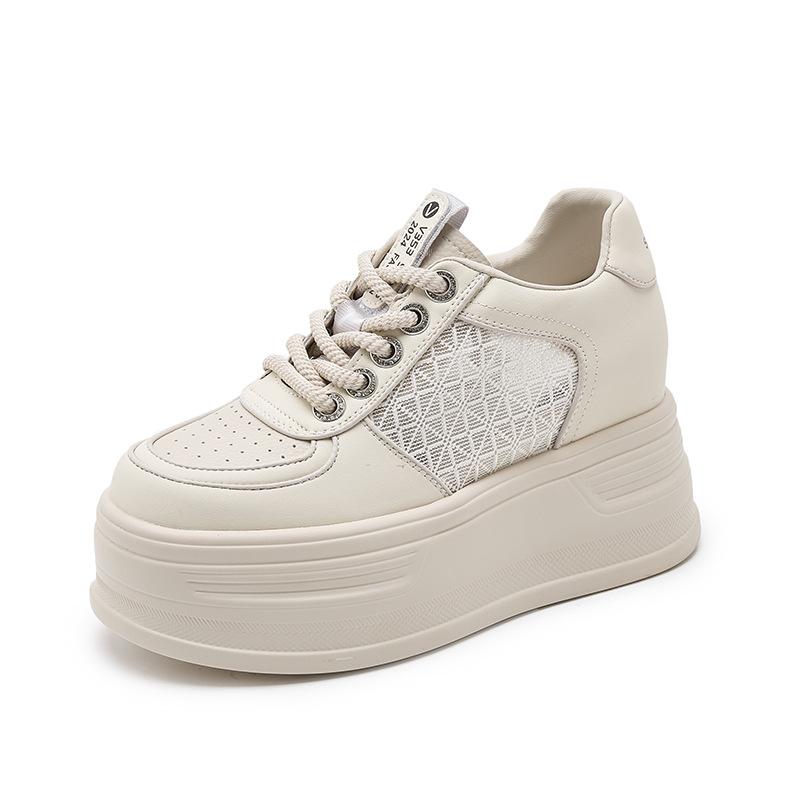 Platform White Shoes Women's 2025 New Spring Hollow Mesh Casual Shoes Versatile Small Inner Height Increase Women's Shoes