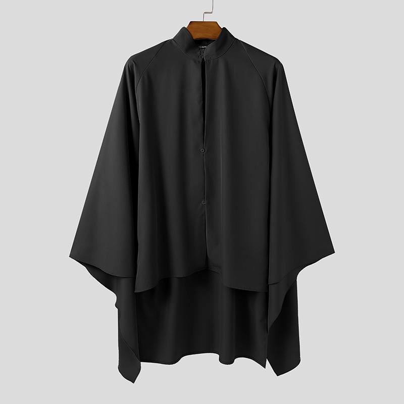 INCERUN Мужские рубашки-кейпы с воротником-стойкой, длинным рукавом, многослойные, пэчворк, с вырезами, повседневные, свободные L чёрный