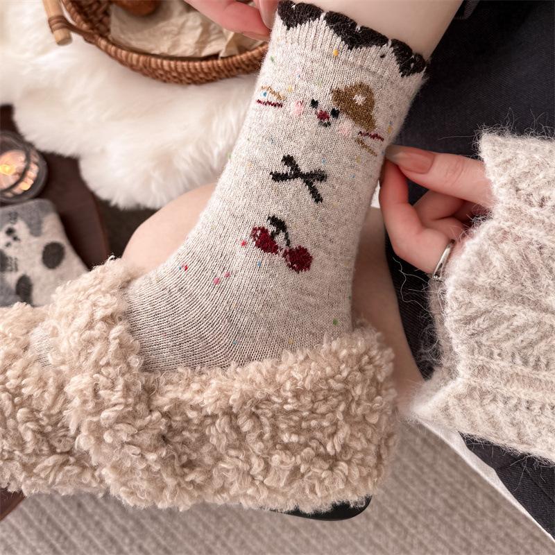 Heel Big Cat Socks, Women's Autumn and Winter Woolen Women's Socks, Thickened Warm Long Socks, Fluffy Mid-calf Socks
