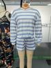 European Style Women's Striped Round Neck Long Sleeve Top and Casual Shorts 2-Piece Set (2025)