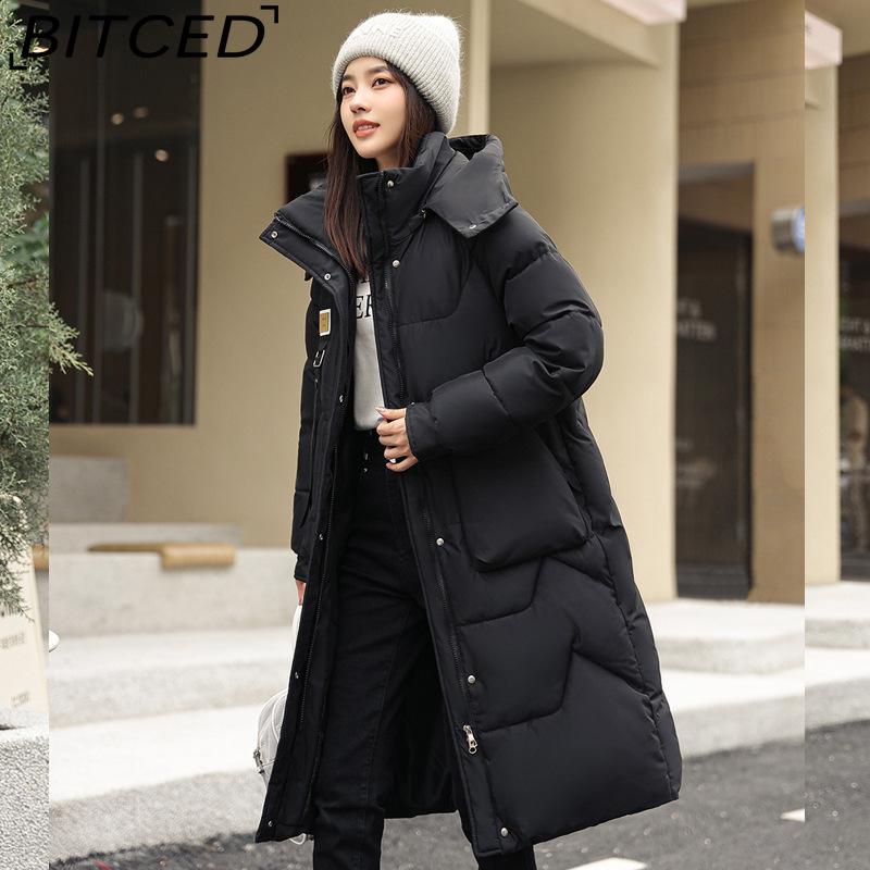 BITCED Winter Detachable Hood Cotton Coat for Women Mid-Length Thickened Cotton Coat Over-the-Knee Length Women's Cotton Jacket Outerwear