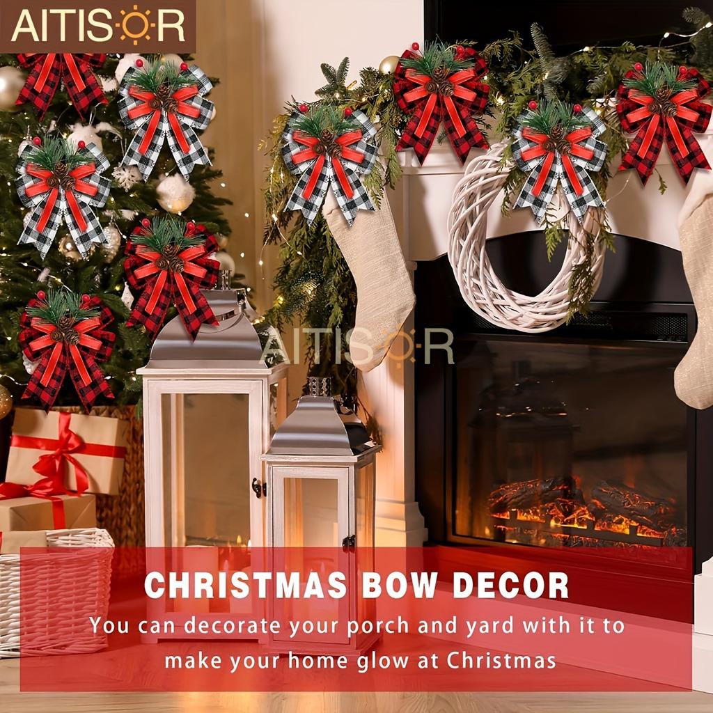 6pcs Christmas Ribbons Buffalo Plaid Bows with Plastic Pine Cone for Christmas Tree Mantle Fireplace Wreath DIY Crafts Decoration Party Decor Gift