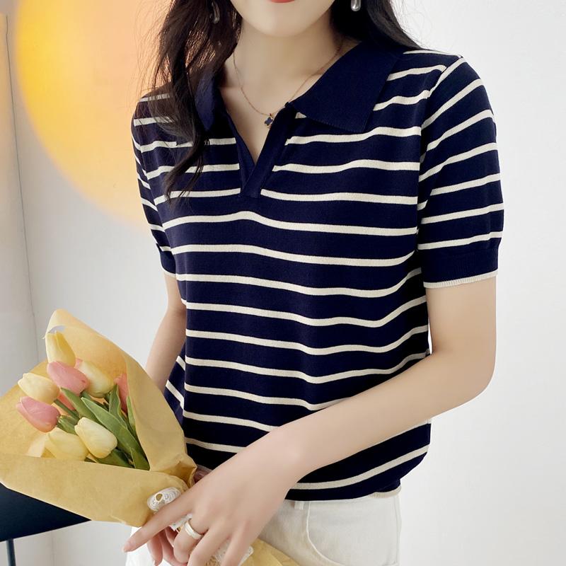 Summer  Turn Down Collar Striped Knitted Sweater Women Pullovers Short Sleeve Knit Sweater Pullover Women Tops