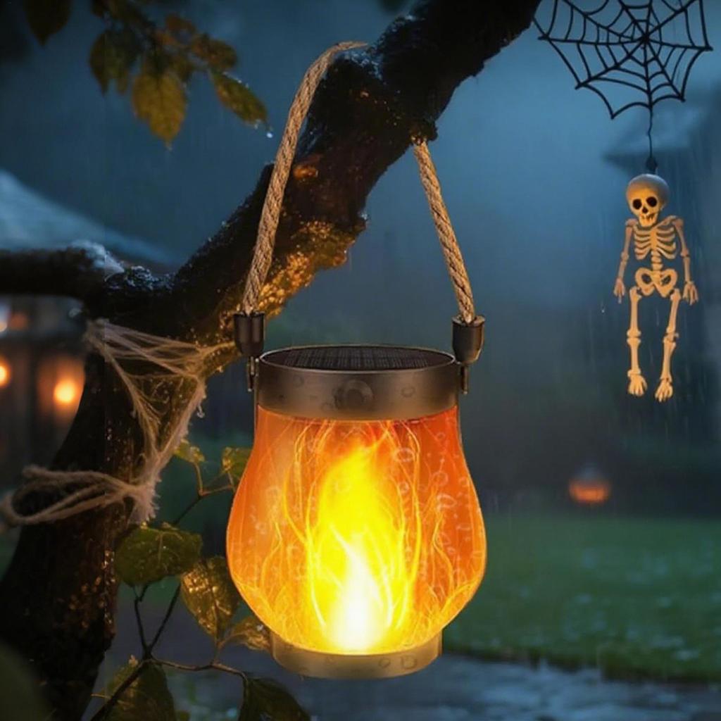 Halloween Flickering Solar Lantern with Dancing Flames USB Charging Garden Lights for Haunted House Garden Decorations