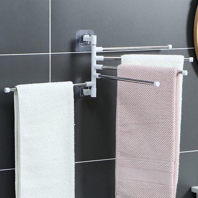 Punch-Free Bathroom Bath Towel Holder Multi-Bar Wall Mounted Rotating Towel Rack Cabinet Door Back Kitchen Toolhanger Shelf Rack