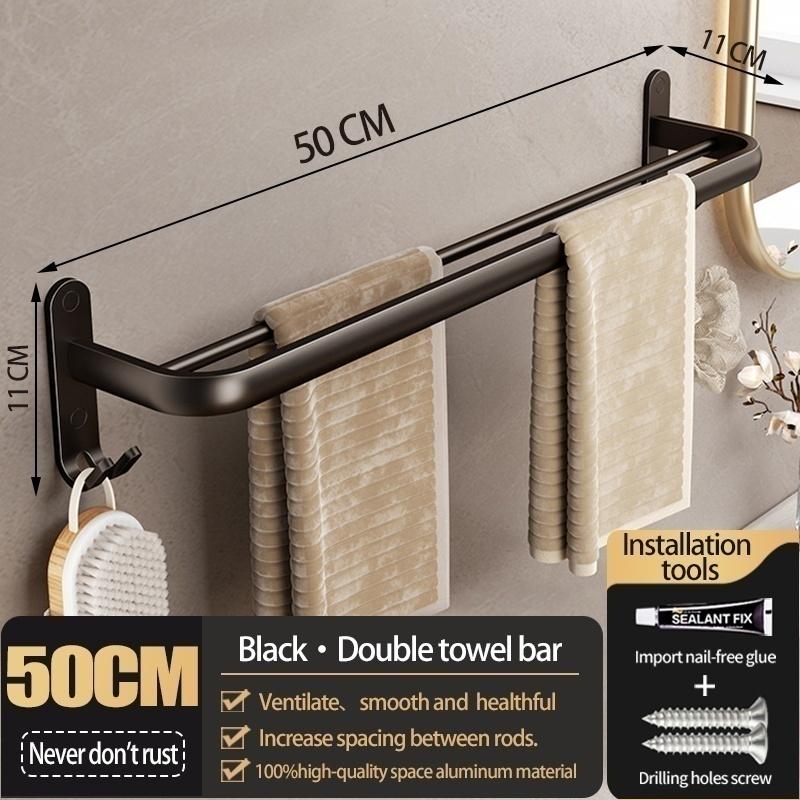No Drill Bathroom Hardware Towel Rack Black 50CM-60CM Folding Aluminum Towel Rack Holder With Hook Towel Holder Tissue Holder