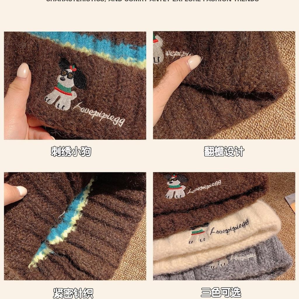 Puppies Piled Loose, Striped, Knitted Wool, Small Hat, Female Big Head Face, Cute Baotou, Warm In Autumn and Winter