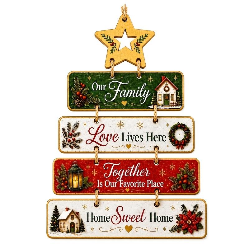 Christmas Wooden Hanging Sign Ornament, Tree-Shaped Layered Plaque with Star Top, Our Family Love Lives Here Home Sweet Home Rustic Wall Pendant