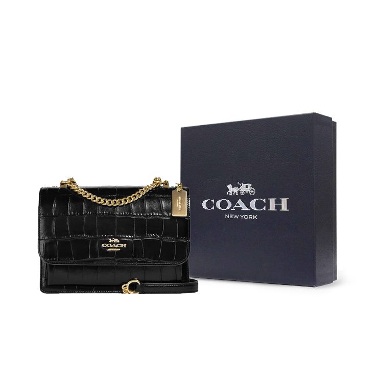 Coach Klare 22 Gold Logo Chain Flap Crocodile Pattern Leather Crossbody Bag Medium Women crossbody bag Black CC840-IMBLK