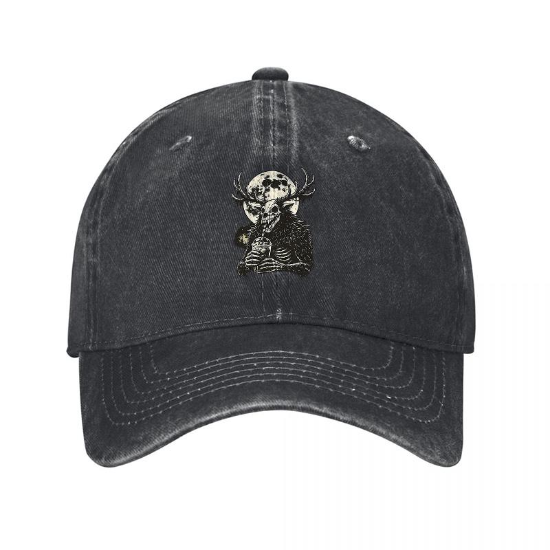 Skull And Snake Embroidered Washed Cotton Baseball Cap Classic Unisex Design Black Canvas Hat With Vintage Style Detailing