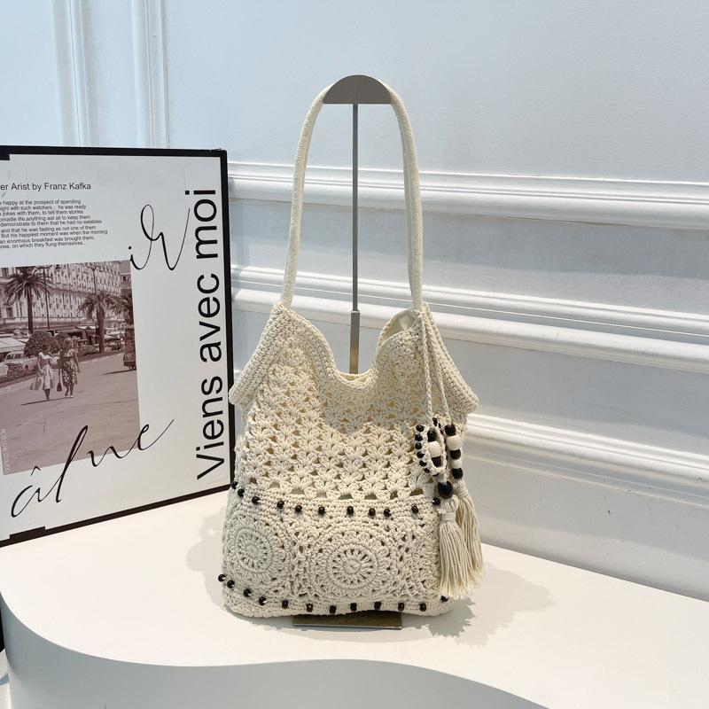 Literary Handmade Cotton Thread Woven Bag Women's Seaside Vacation Shoulder Underarm Tote Bag Casual Beach Bag