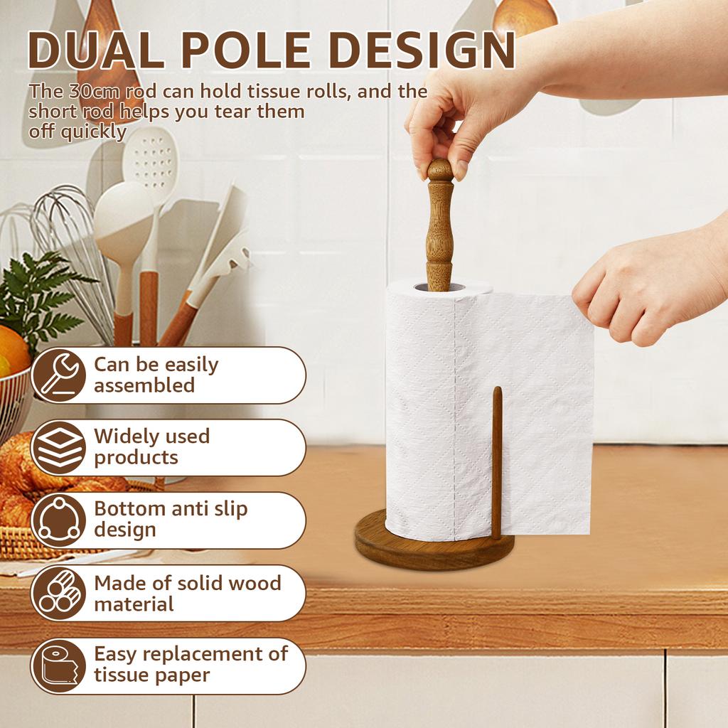 Porta rotolo carta da cucina in legno, supporto verticale per asciugamani da cucina, base antiscivolo, decorazione da bancone per bagno