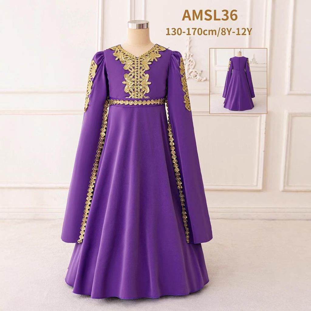 Middle Eastern Muslim Evening Dress with Long Sleeves and Puffy Long Skirt In Purple for Festival Performances
