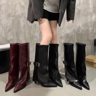 Damen Langstiefel Mode Hohe Absätze Spitze Zehen Designer Kniehohe Lederschuhe Metallschnalle 2026 Damen Mujer Botas