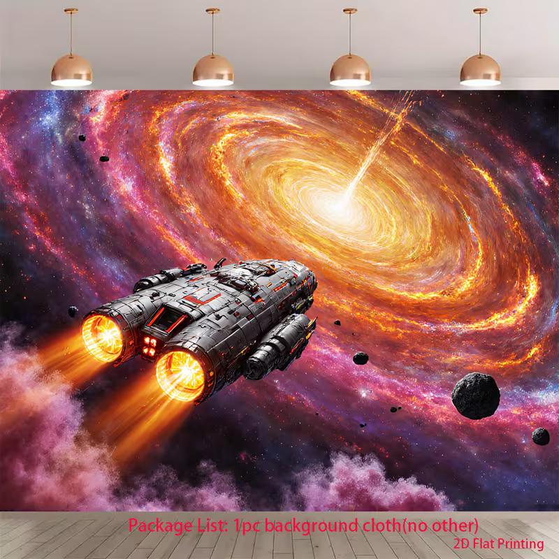

2D Space Party Backdrop, Sci-Fi Spaceship with Fiery Galaxy & Asteroids Decor 47.2x31.5inch/120*80cm