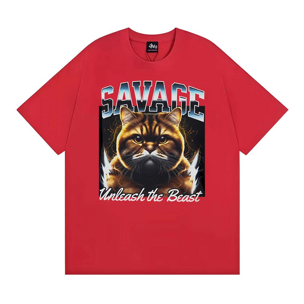 Savage Cat Graphic Funny Vintage 90s T-shirts Men Women Fashion Classic Oversized T Shirt Casual Short Sleeve T-shirt streetwear S