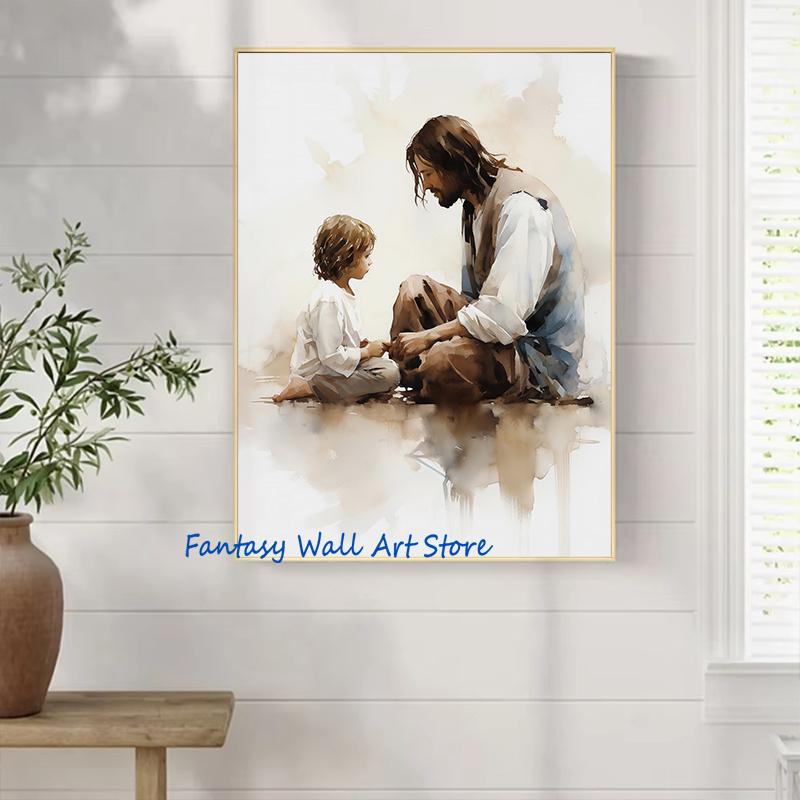 Jesus og Barn Kristus med Gutt Jesus Portrett Kristus Barnehage Akvareller Plakat Lerret Maleri Veggbilder Hjemmeinnredning