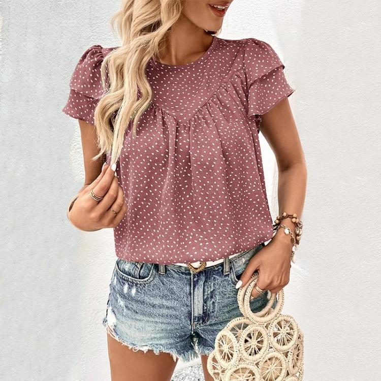 Women Summer Loose Green Blouse Ruffled Short Sleeve O Neck Tops