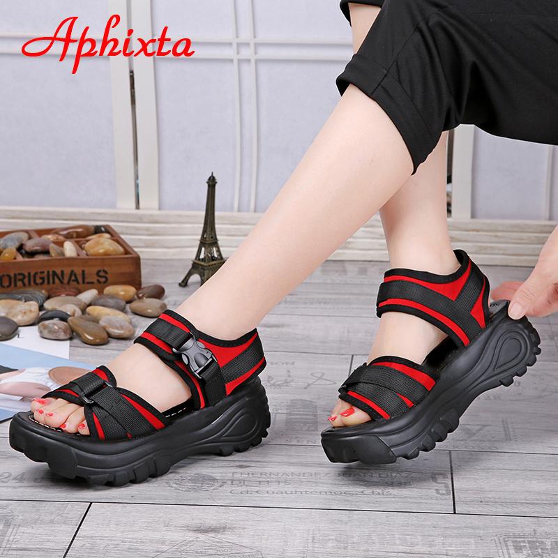 Aphixta 6cm/2.36 inch Summer Platform Buckle Sandals Women Height Increasing Thick Bottom Canvas Women Shoes Slides