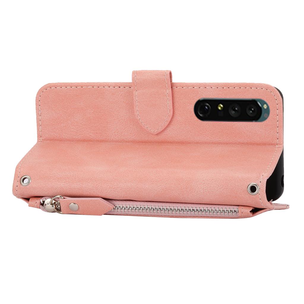 For Sony Xperia 5 IV 5G Case Zipper Pocket Leather Phone Cover with Crossbody Shoulder Strap