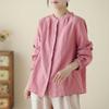 Spring Powder Woven Linen Solid Color Artistic Versatile Loose Long Sleeved Stand Up Collar Shirt Blouses & Shirts