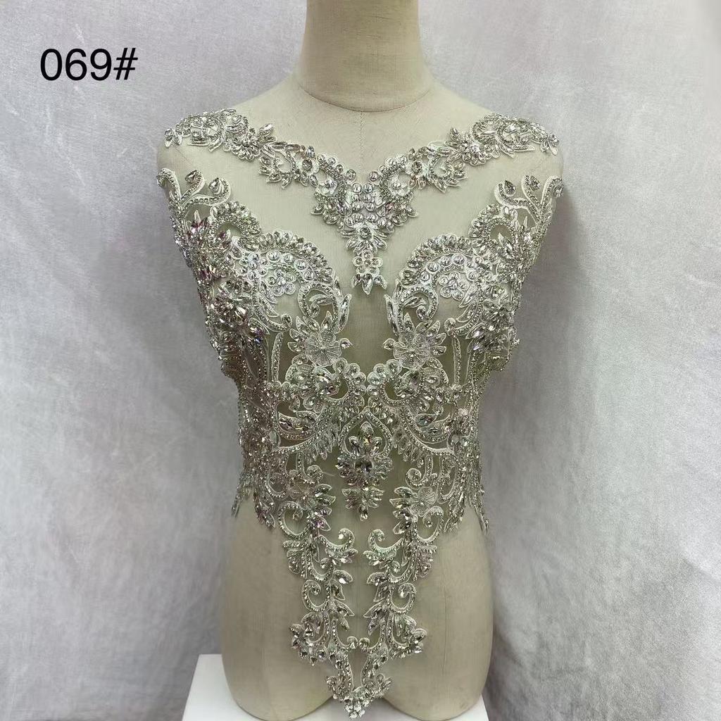 Rhinestone Tassel Dark Purple Beaded Lace Fabric with Motif Rhinestones Flower Shape Embroidery Trim for Wedding Dress