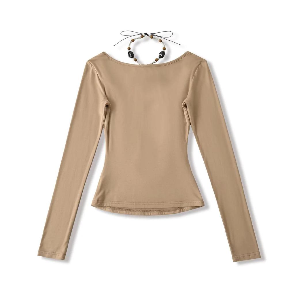 Chic Two-Piece Illusion Halter Neck Beaded Long Sleeve Ruched Top for Fall