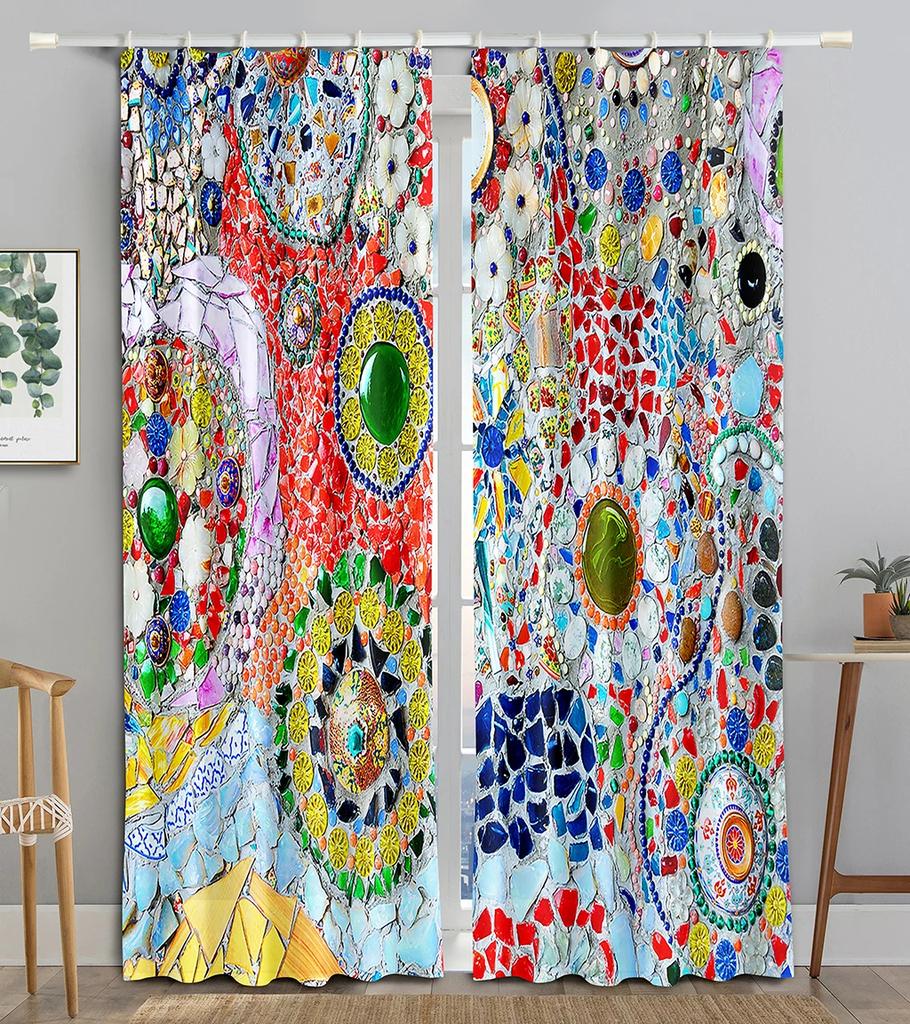 Bohemian Retro Curtain for Bedroom, Thin Polyester Sunshading Window Decorative, Boho Printing, Finished
