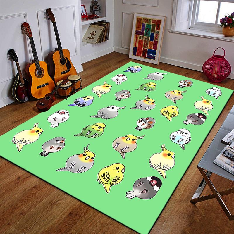 Colorful Cartoon Birds on Green Background Patterned carpet a non slip rug suitable for all seasons and any setting, gift