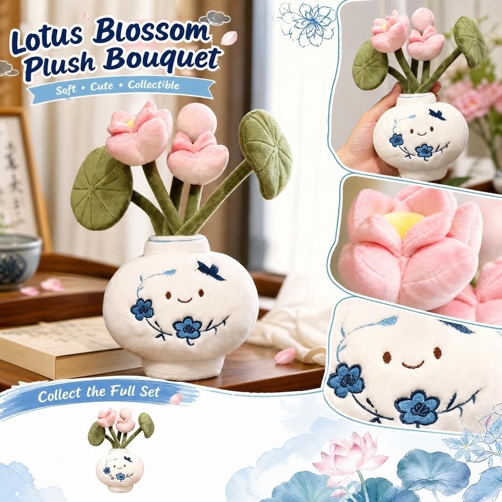 Blue and Porcelain Plush Toy with Removable Flower Bouquet