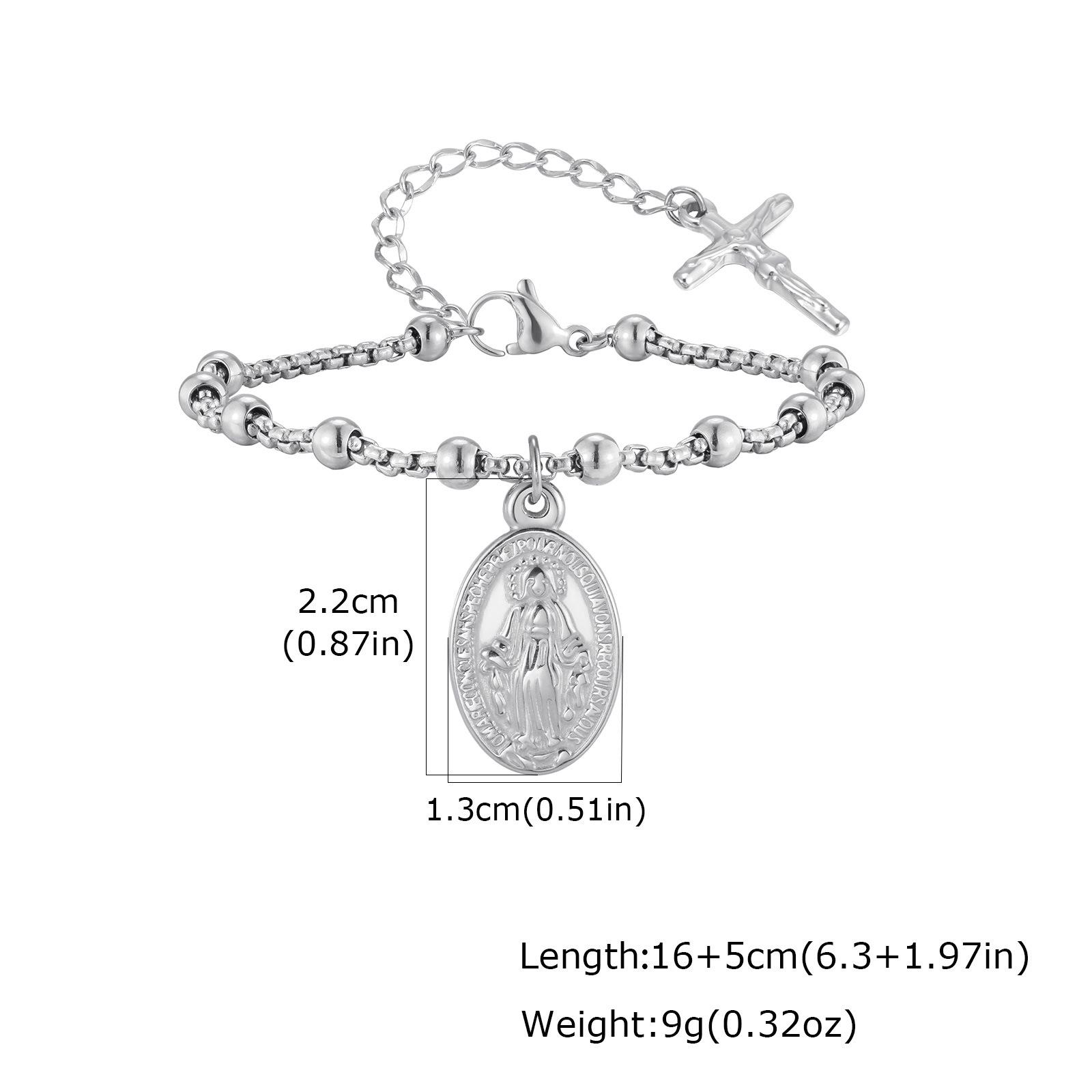 Women s Stainless Steel Virgin Mary Cross Oval Pendant Bead Bracelet