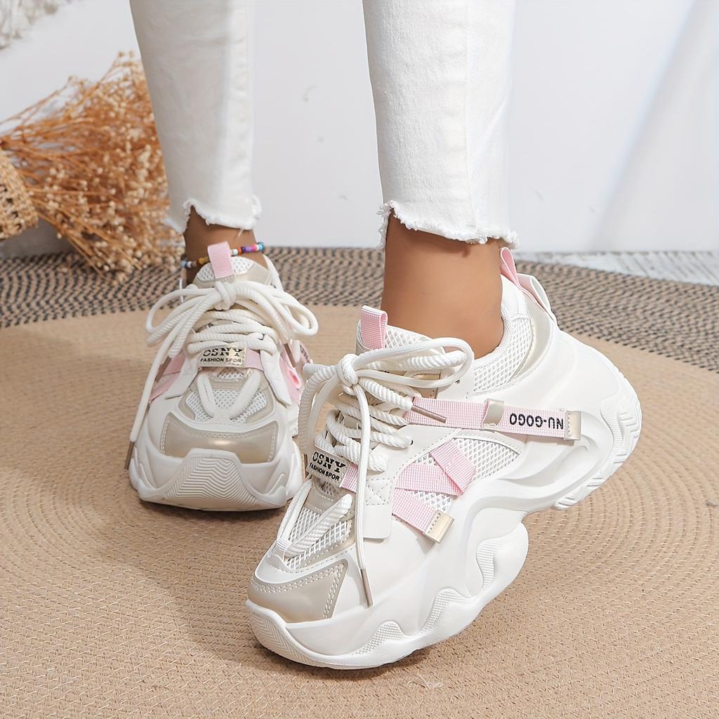 [Colorblock Mesh Women's Sneakers] Women's Colorblock Mesh Sneakers, Lace Up Soft Sole Platform Casual Heightening Shoes, Low-top Breathable