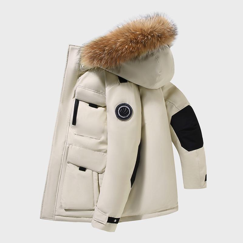 New thickened couple tooling down jacket winter jacket men's and women's medium and long styles with fur collar outdoor warm tide