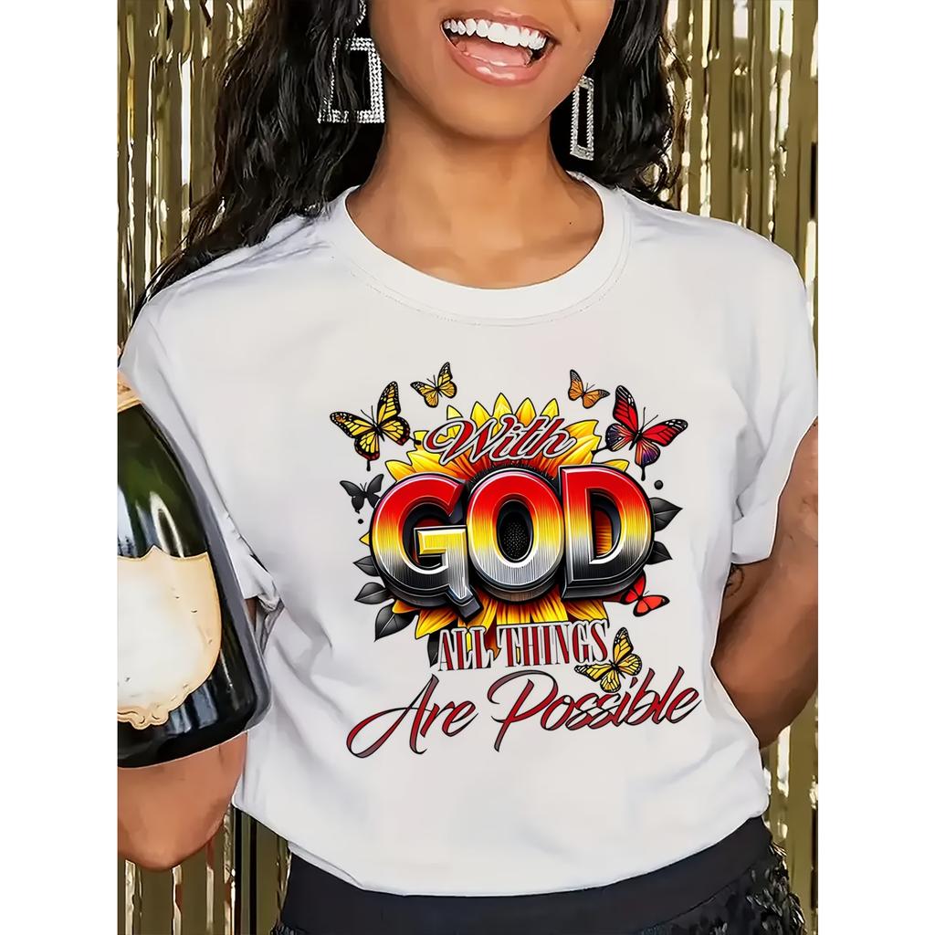 Inspirational Graphic T-Shirt, Polyester Blend, Casual Crew Neck Short Sleeve Tee, with Butterfly and Floral Design, for All Seasons