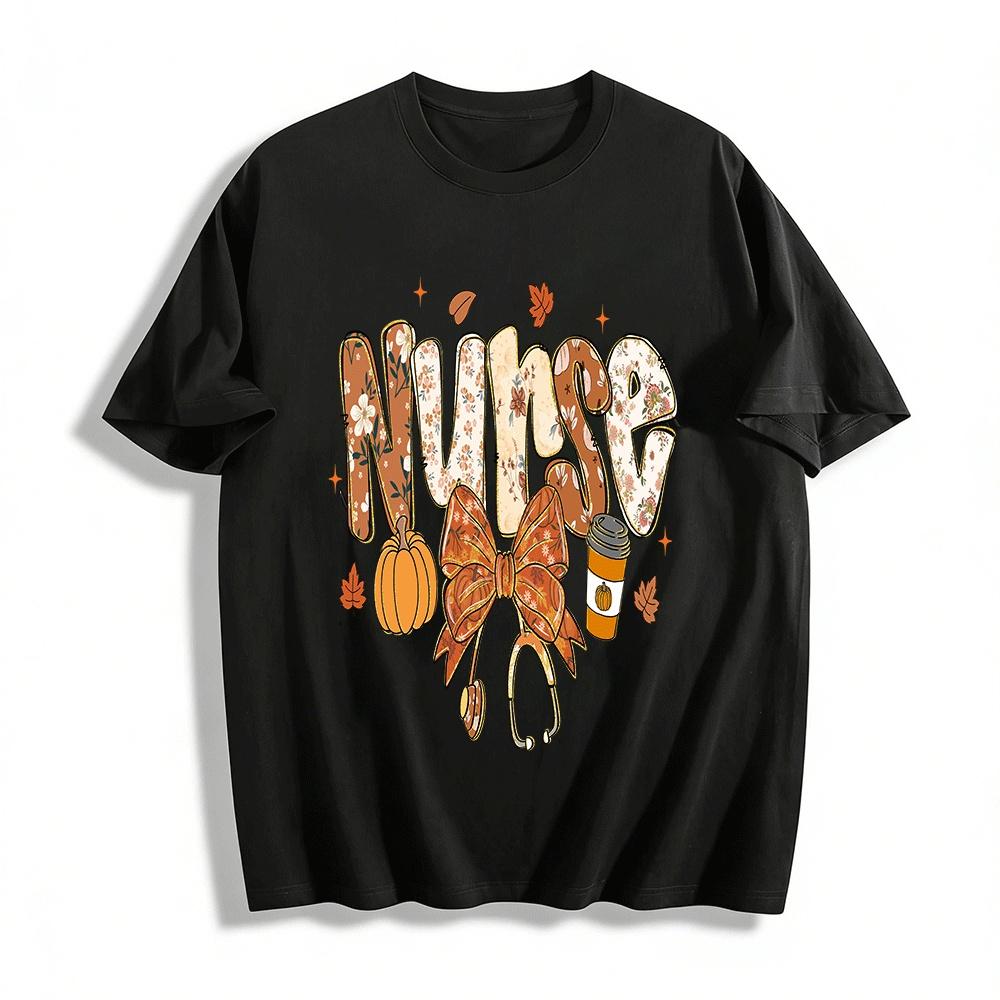 

Autumn Floral Nurse Print Casual Top With Pumpkin & Coffee Pure cotton T-shirt 6XL