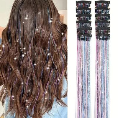 12Pcs Wig Clip-in Metallic Extensions Deep Purple Glitter Lightweight 20 Inch Long Wig Easy Attach Hair Extensions