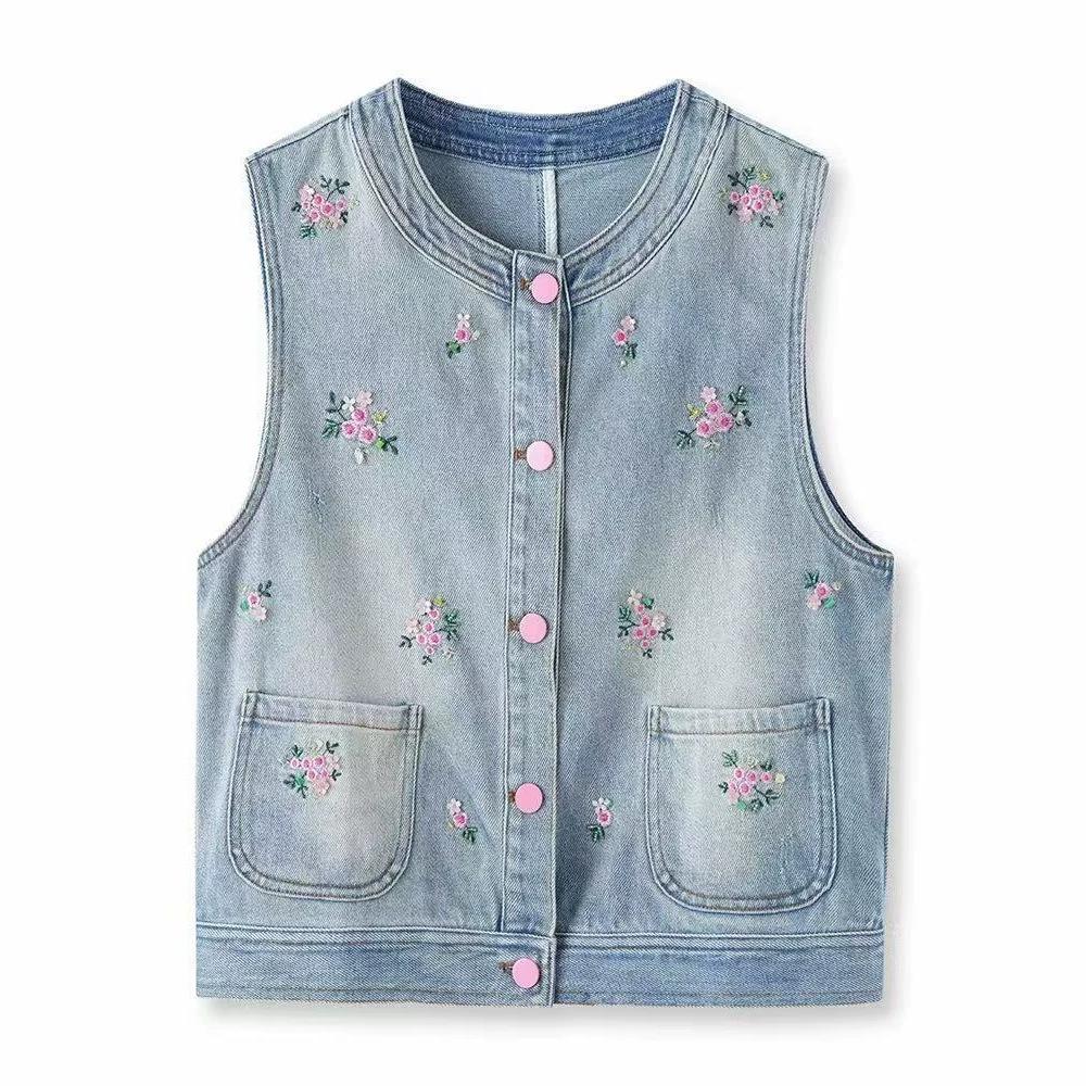 Blue Cotton Denim Vest Vest Women's Vest Crew Neck Heavy Industry Embroidery Crew Neck Stacked Top Round Neck Scattered Floral Embroidery Denim Vest