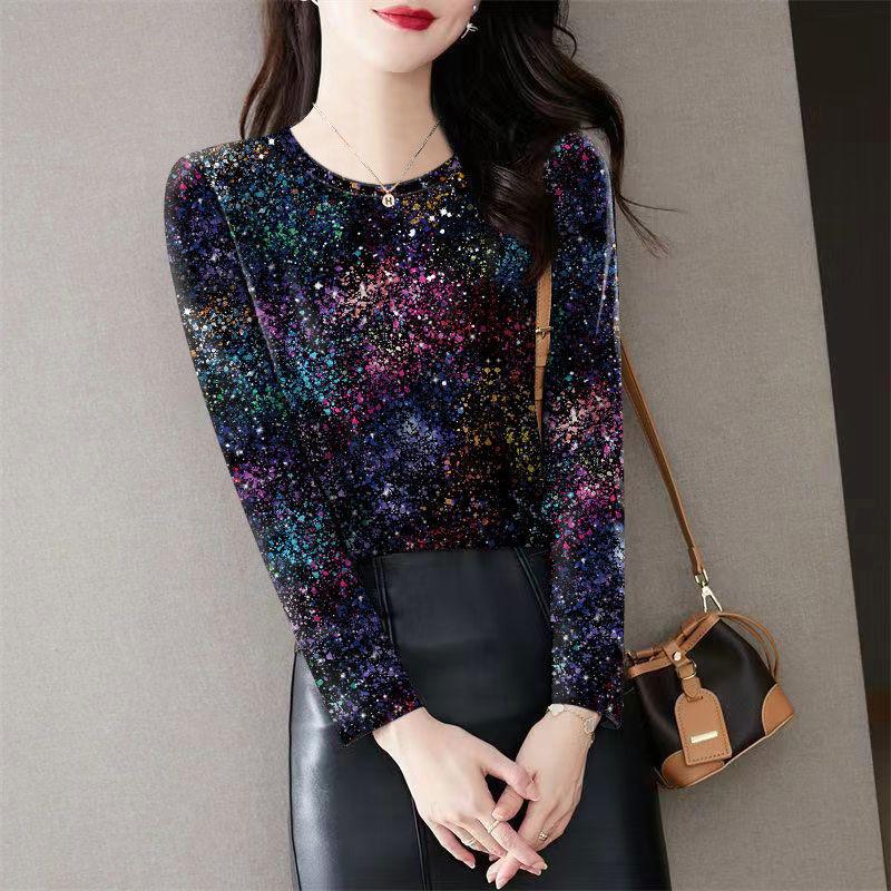 

Autumn and Winter Long-sleeved Floral Top Retro Round Neck Inner Bottoming Shirt Temperament Thin Outer Wear M