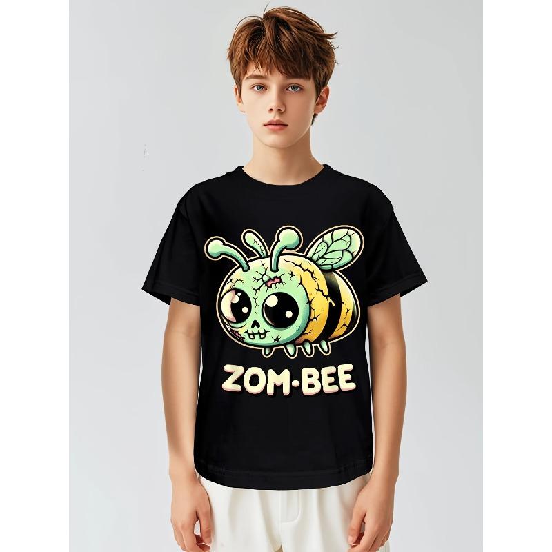 Children Crew Neck Short Sleeve T-Shirt with Cartoon Zombie Bee Print