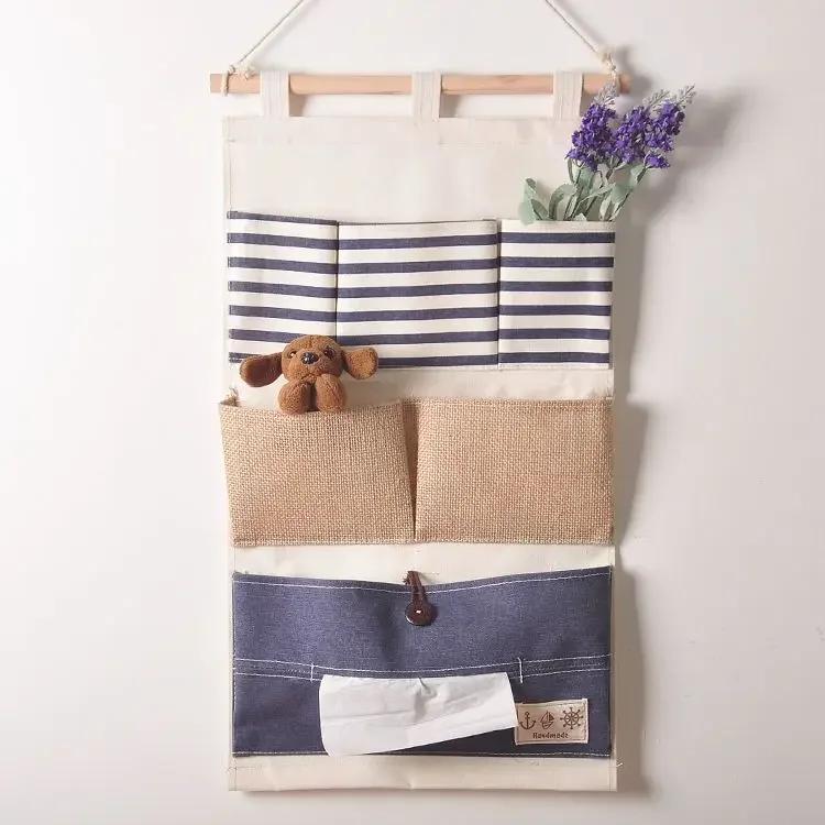 1pc Multi-pocket Hanging Bag Striped Cotton Linen Storage Pouch Wall-mounted Sundries Organizer for Home Shop