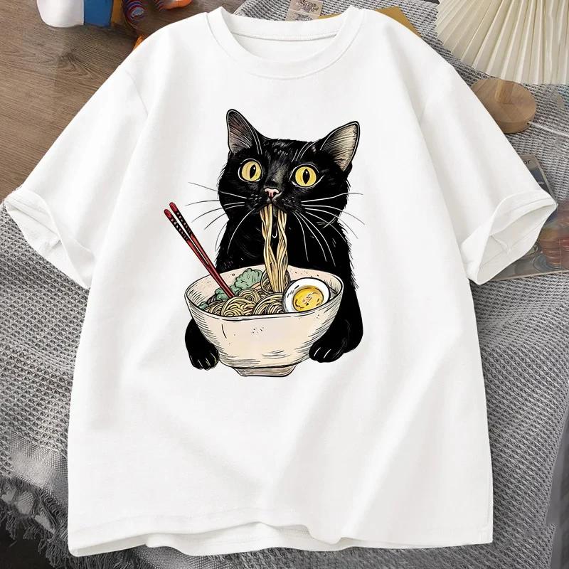 

Noodle Ramen Cat Print T-Shirt - Retro Foodie Black Cat Design Casual Unisex Short Sleeve Top 4XL