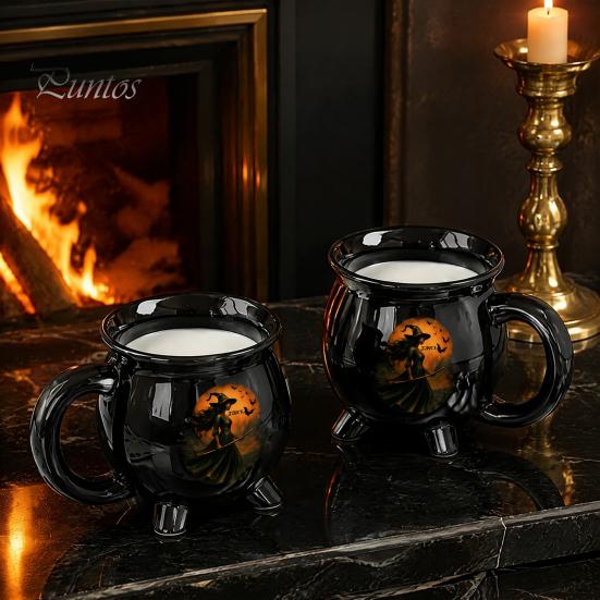Kaffee Milch Heiße Schokolade Tasse Halloween Hexe Kessel Tasse, 350ml Vintage Gotisch Dreibeiniger Zaubertopf, Tasse für Schwarze Katze Keramik Haus Und Büro Dekoration Drei