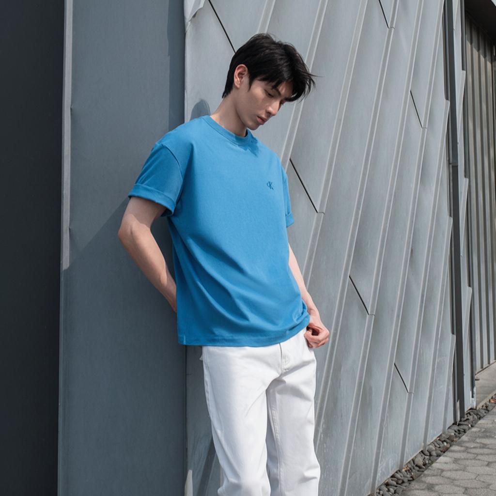 Calvin Klein Solid Color Embroidered Cotton Loose Short Sleeve T-Shirt Men Tops Blue 40HM229-CFG